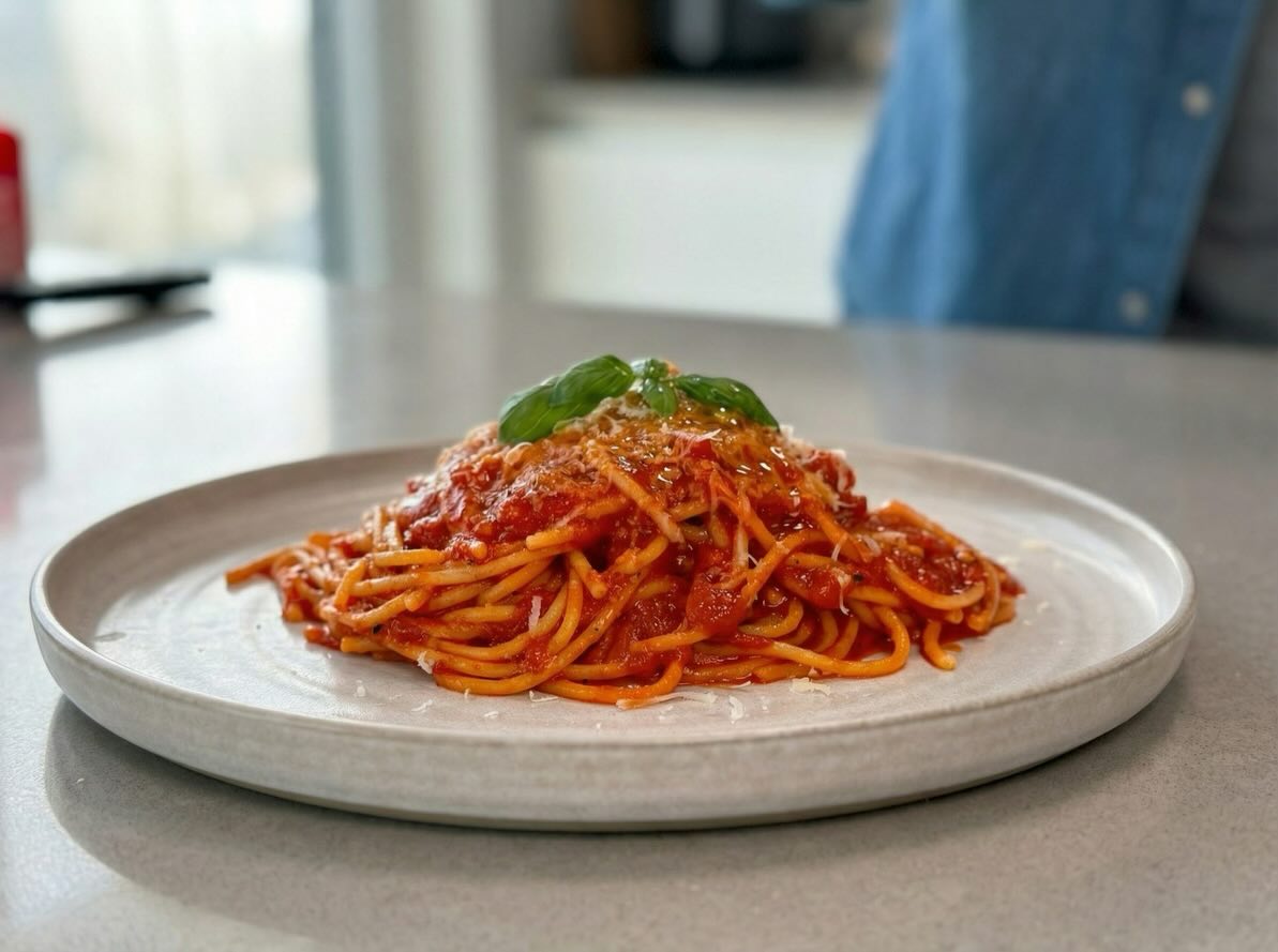 Close-up of a plated spaghetti dish.